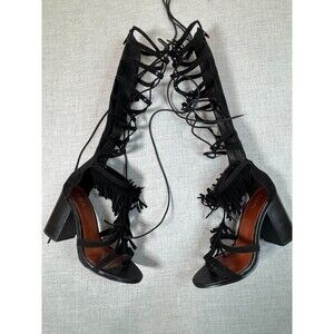 MIA Black Gladiator Lace-Up Heels Fringe Knee High Block Heel western Sandals 8